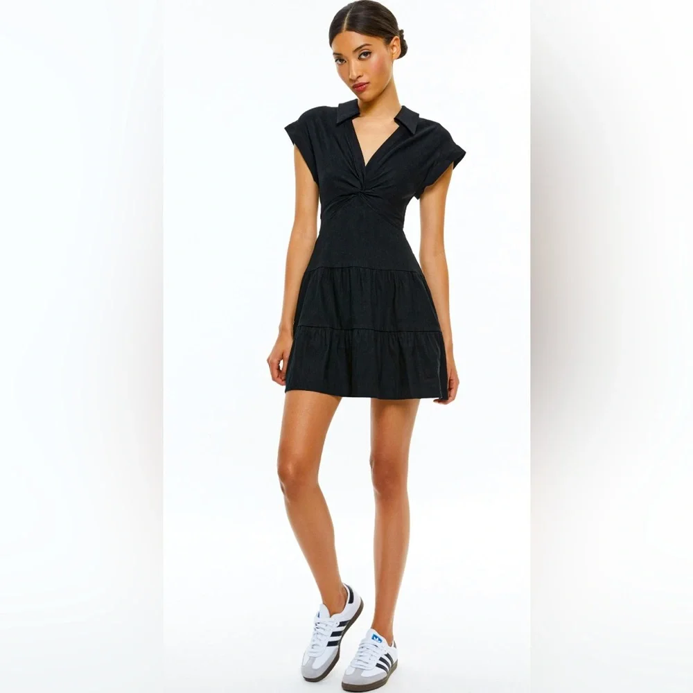 Alice + Olivia Sleeveless Mila Linen Twist Front Black Mini Dress ZB5